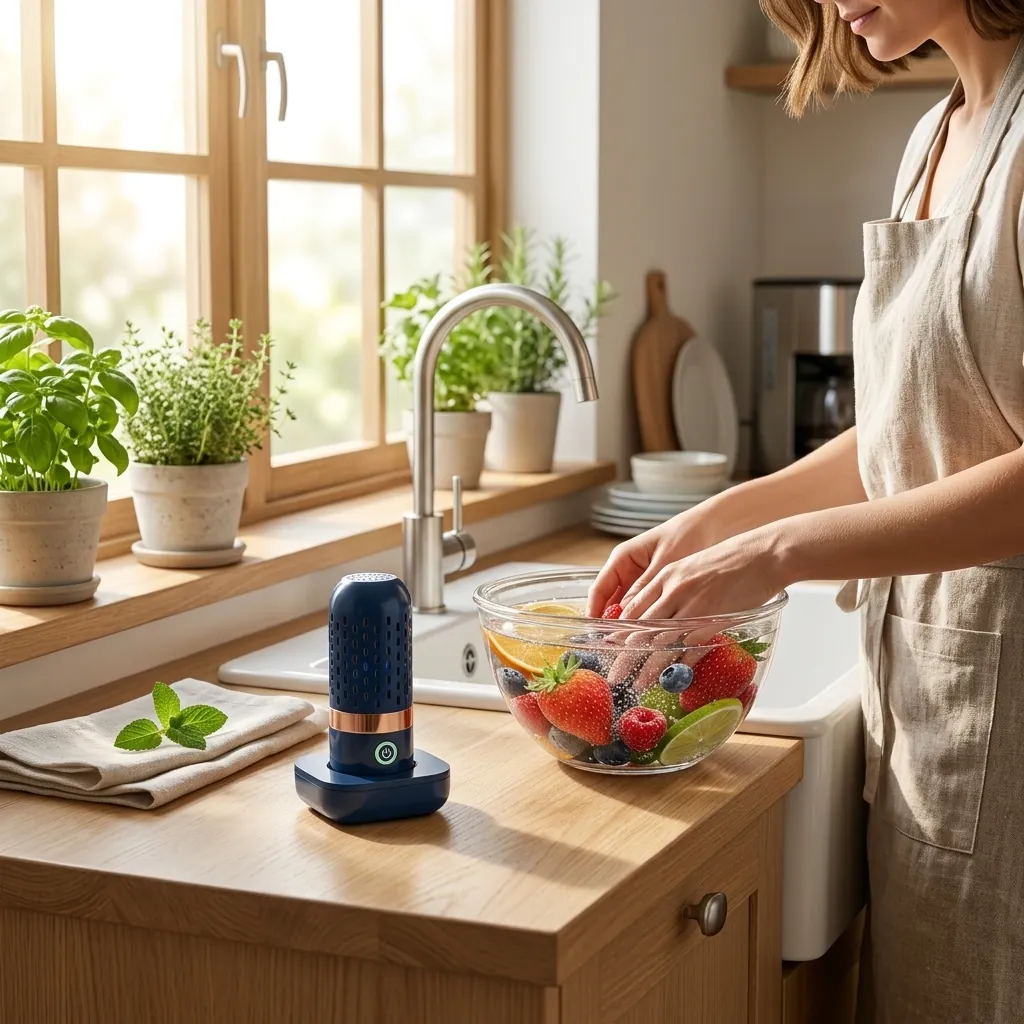 Scandinavian kitchen with fresh berries and PodBloom on wooden counter