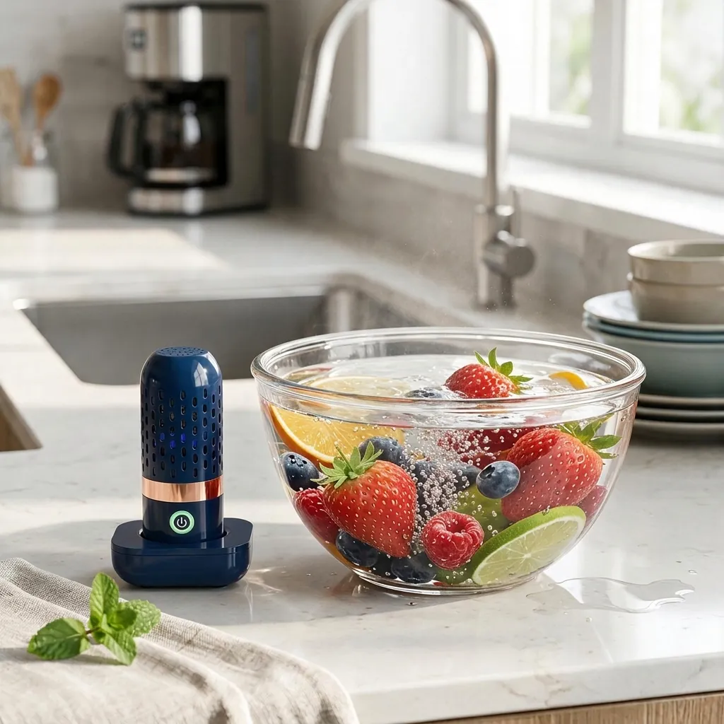 PodBloom fruit and vegetable purifier pod standing in wireless dock next to a fresh bowl of berries