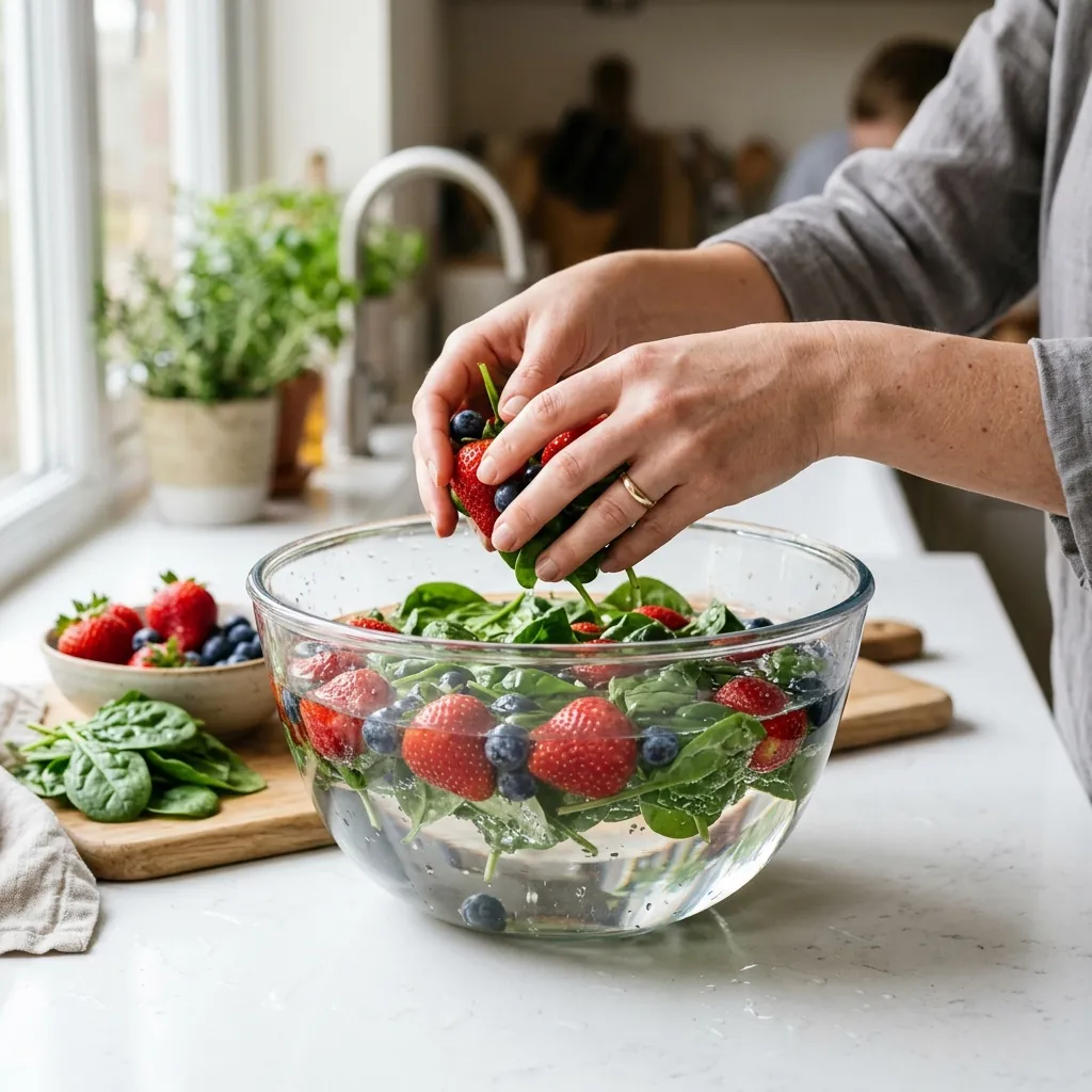 Placing fresh berries and greens in a glass bowl with water