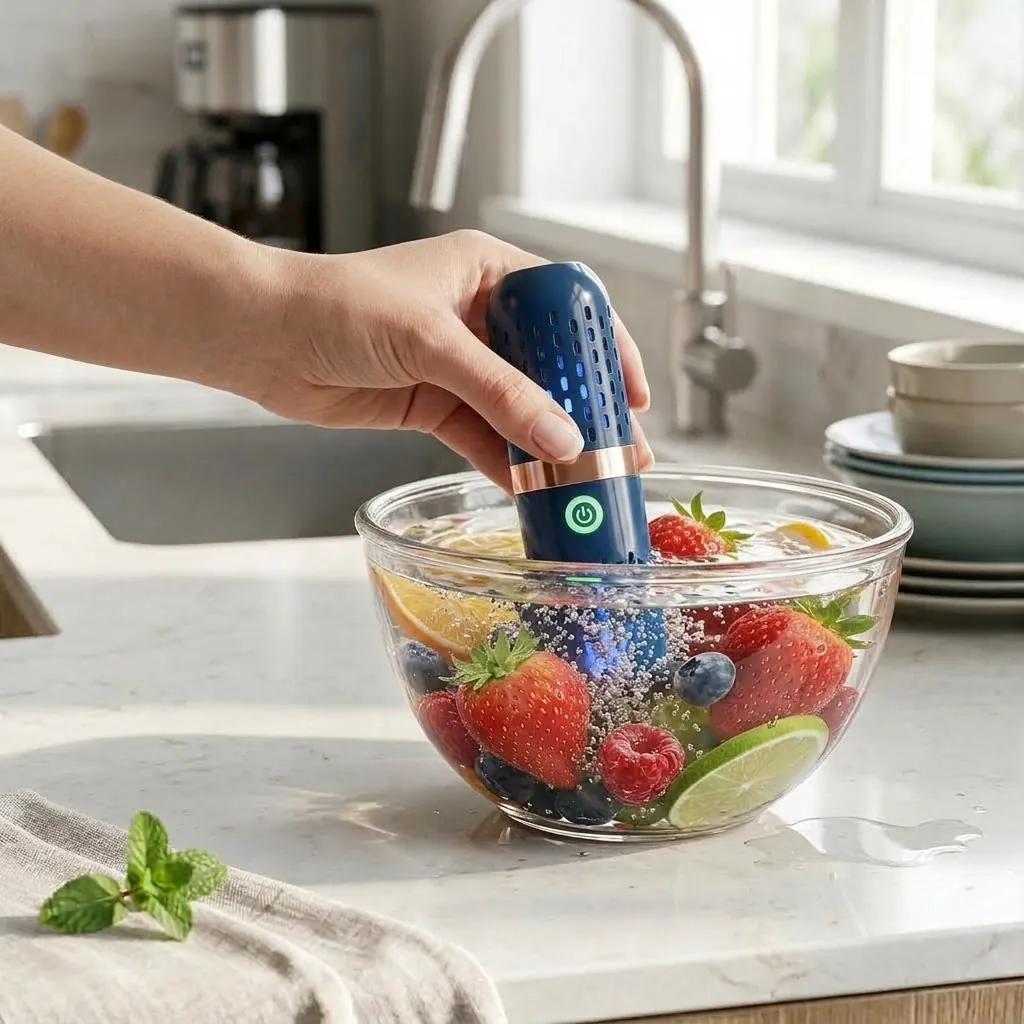 Pressing the illuminated power button on the PodBloom capsule submerged in water